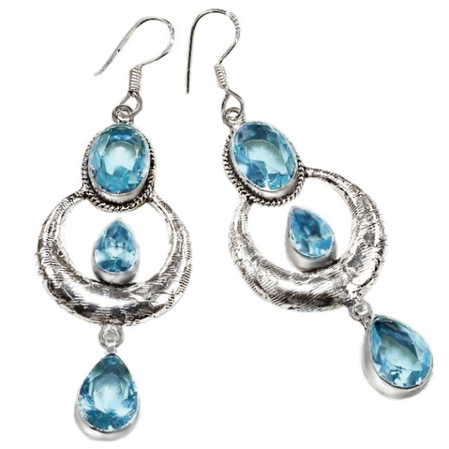 Extra Long Blue Topaz Gemstone .925 Sterling Silver Earrings - BELLADONNA