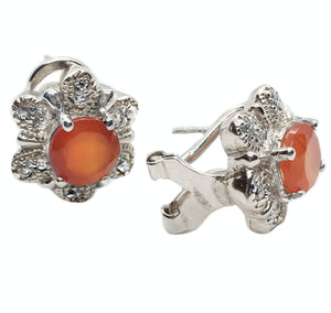 Natural Orange Fire Opal and AAA White Cubic Zirconia Gemstone Solid .925 Sterling Silver Earrings - BELLADONNA