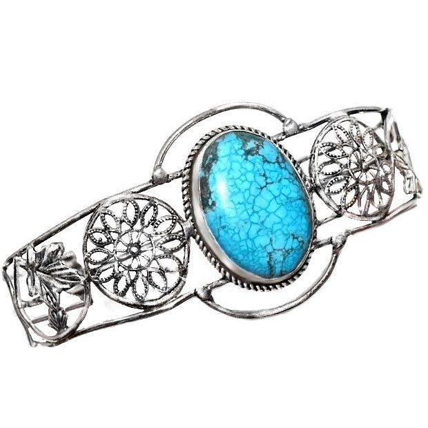 Indonesian Bali Java -Natural Oval Turquoise Gemstone .925 Sterling Silver Cuff Bangle - BELLADONNA
