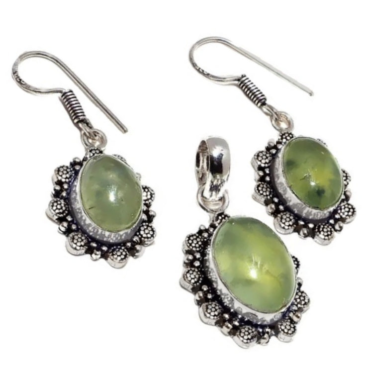 Natural Scottish Moss Prehnite Gemstone .925 Silver Pendant & Earrings Set - BELLADONNA