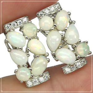 Natural Unheated Rainbow White Fire Opal & White Cubic Z Solid .925 Silver 14K White Gold Earrings - BELLADONNA