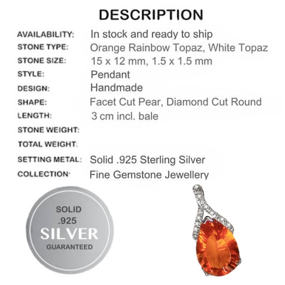 Orange Rainbow Topaz, White Topaz In Solid .925 Sterling Silver Pendant - BELLADONNA