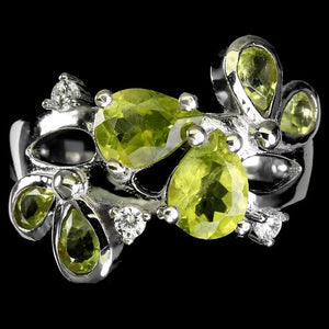 Deluxe Pear Cut Natural Peridot and White Cubic Zirconia Solid .925 Sterling Silver Size 8 or Q - BELLADONNA