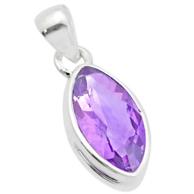 Dainty Natural Purple Amethyst Marquise Gemstone Solid .925 Sterling Silver Pendant - BELLADONNA