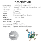 Natural Scottish Moss Prehnite  Blue Topaz, Pearl  Gemstone .925 Silver Pendant - BELLADONNA