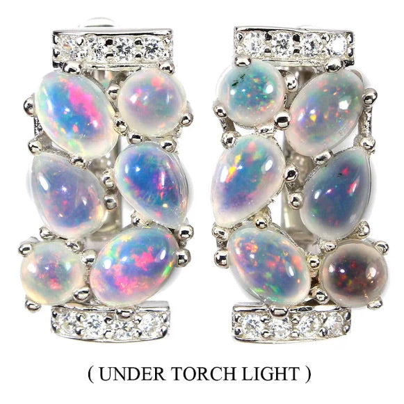 Natural Unheated Rainbow White Fire Opal & White Cubic Z Solid .925 Silver 14K White Gold Earrings - BELLADONNA