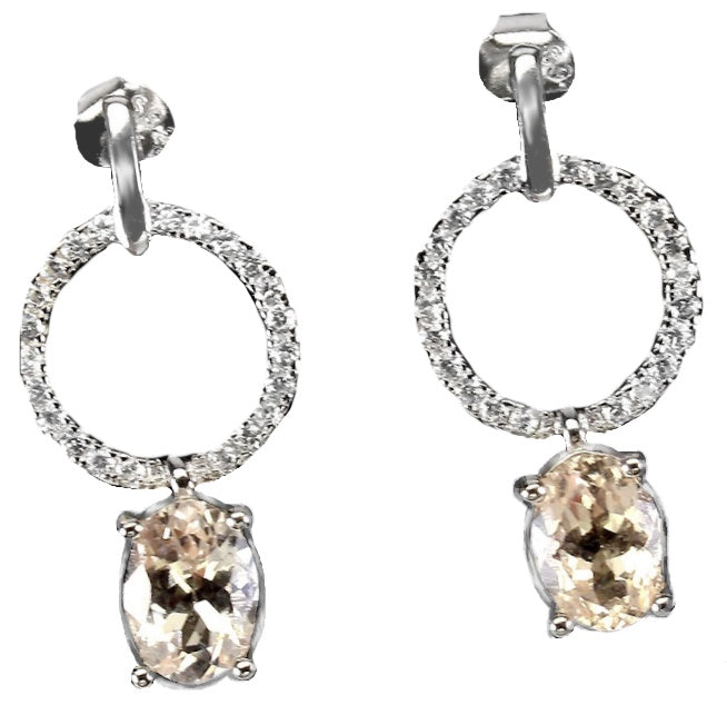 Deluxe Natural Unheated Morganite and White Cubic Zirconia Solid .925 Sterling Silver Earrings - BELLADONNA