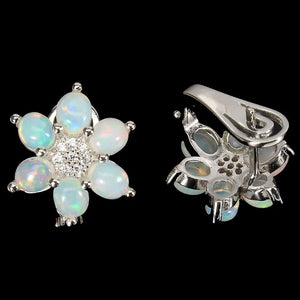 Natural Unheated Rainbow Fire Opal & White Cubic Z Solid .925 Silver 14K White Gold Earrings - BELLADONNA