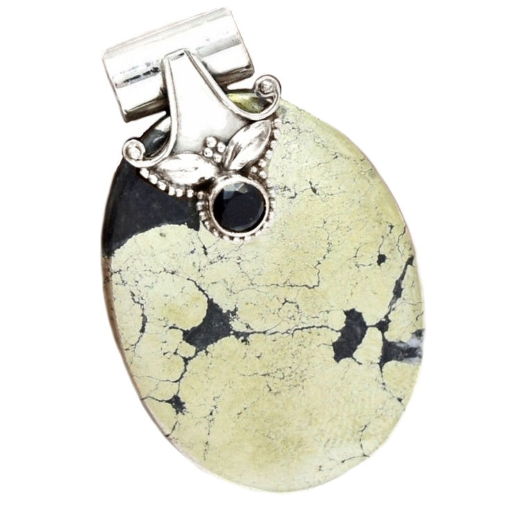 Natural Pyrite In Magnetite , Onyx Solid .925 Sterling Silver Pendant - BELLADONNA