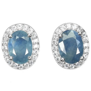 Genuine Blue Sapphire Oval, White Cubic Zirconia Solid .925 Sterling Silver Stud Earrings - BELLADONNA