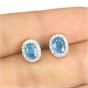 Genuine Blue Sapphire Oval, White Cubic Zirconia Solid .925 Sterling Silver Stud Earrings - BELLADONNA