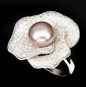 Deluxe Rose Natural Freshwater Creamy Pink Pearl, White Cubic Zirconia .925 Silver Size 7 - BELLADONNA
