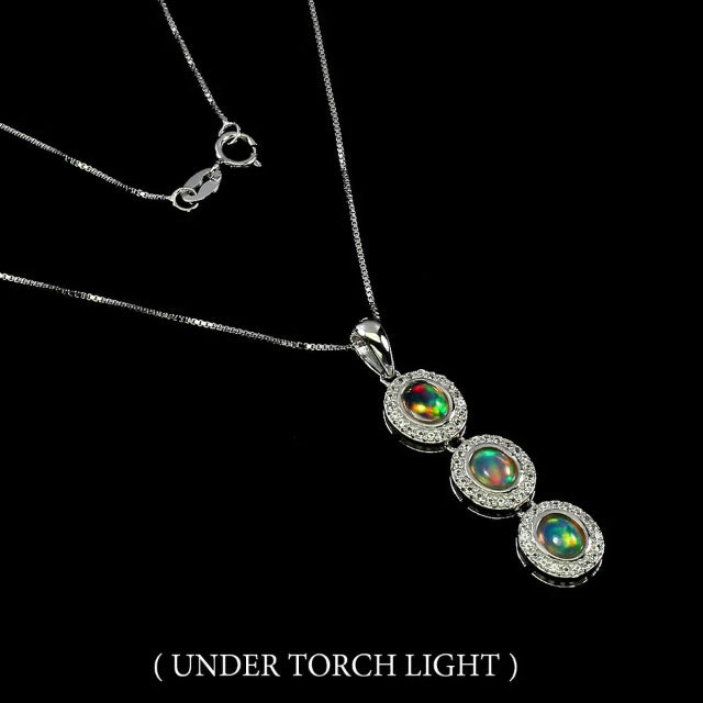 Full Flash Fire Opal, White Topaz Solid.925 Sterling Silver Necklace - BELLADONNA