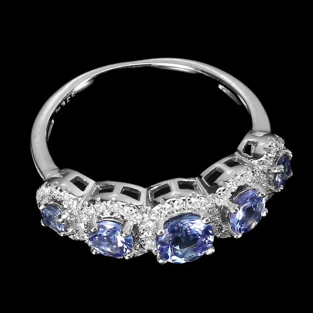 Rare Natural Unheated Tanzanite and AAA White Cubic Zirconia Ring in Solid .925 Silver Size US 8 /Q - BELLADONNA