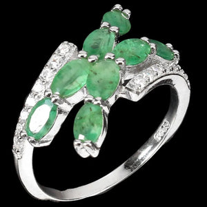 Natural Brazilian Emerald Ovals and AAA White Cubic Zirconia Solid .925 Silver Size 7 - BELLADONNA