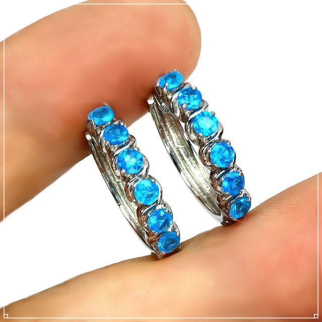 Natural Neon Blue Apatite Gemstone Solid .925 Sterling Silver 14K White Gold Earrings - BELLADONNA