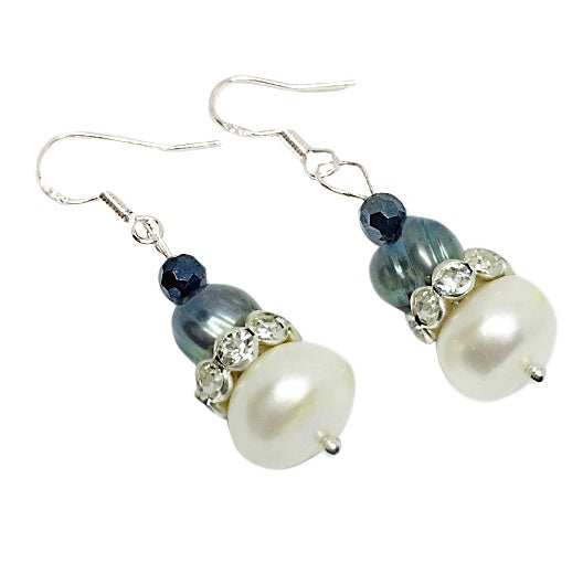 Creamy Pearl, Crystals .Solid 925 Sterling Silver Earrings - BELLADONNA