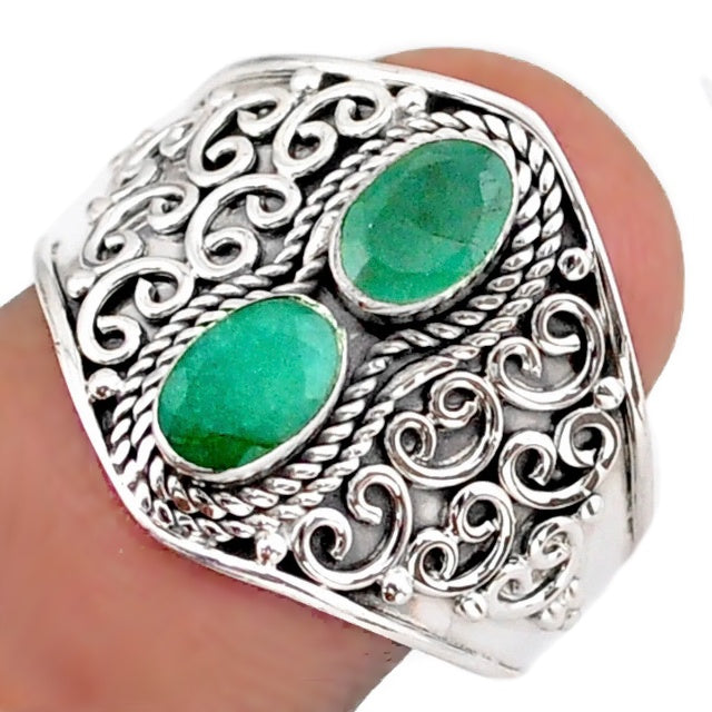 Natural Indian Emerald Oval Solid .925 Silver Ring Size 9 or R 1/2 - BELLADONNA