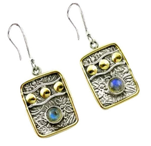Two Tone Victorian Natural Blue Fire Labradorite Solid .925 Silver Earrings - BELLADONNA