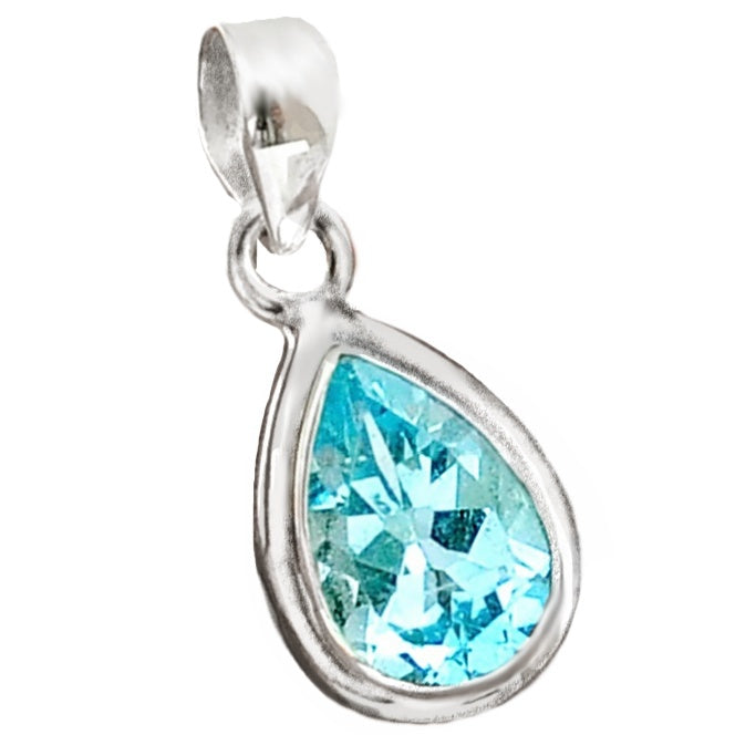 Natural Blue Topaz Pear Gemstone Solid .925 Sterling Silver Pendant - BELLADONNA