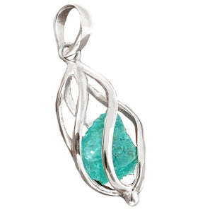 Natural Neon Blue Apatite Rough in a Solid .925 Sterling Silver Caged Pendant - BELLADONNA
