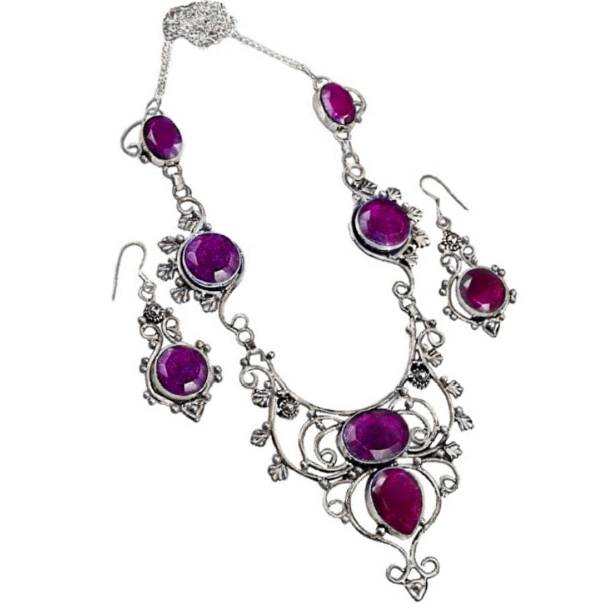 Handmade Indian Cherry Ruby Gemstone .925 Sterling Silver Necklace and Earrings Set - BELLADONNA