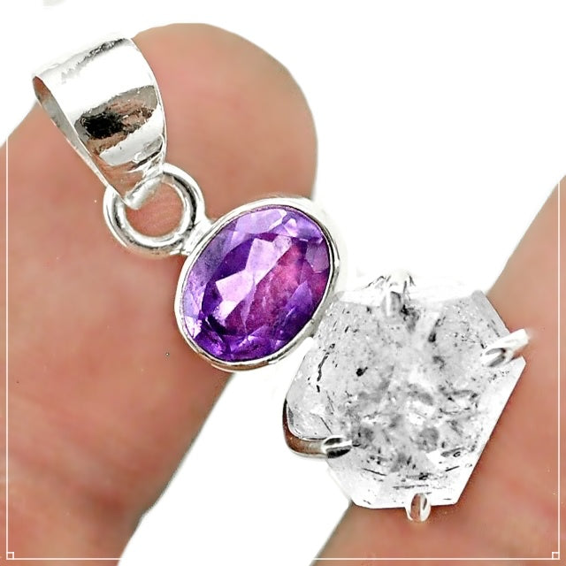 Natural Herkimer Diamond and Purple Amethyst Gemstone Solid .925 Sterling Silver Pendant - BELLADONNA