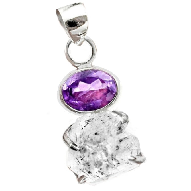 Natural Herkimer Diamond and Purple Amethyst Gemstone Solid .925 Sterling Silver Pendant - BELLADONNA