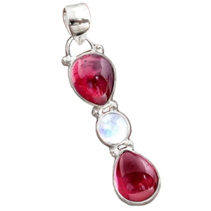 Natural Mozambique Garnet and Rainbow Moonstone Solid .925 Sterling Silver Pendant - BELLADONNA