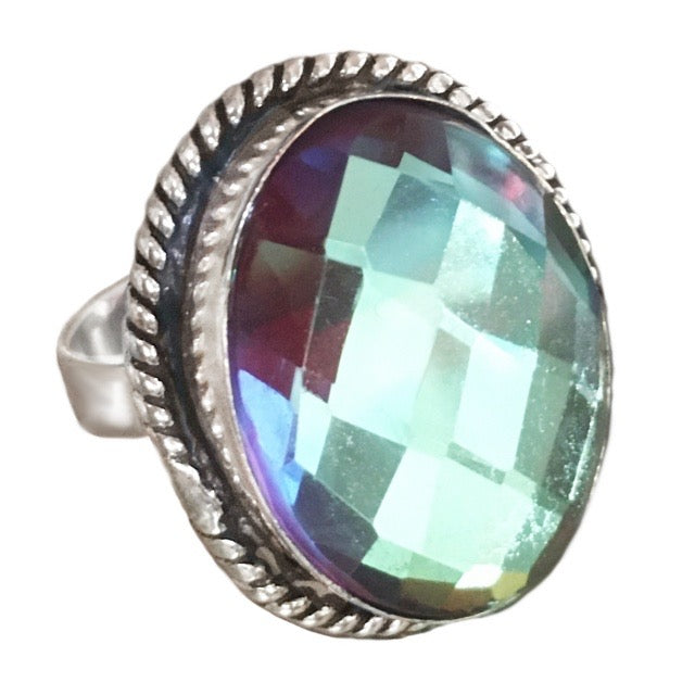 Aqua Pink Rainbow Mystic Topaz Gemstone .925 Sterling Silver Ring Size 7.5 - BELLADONNA