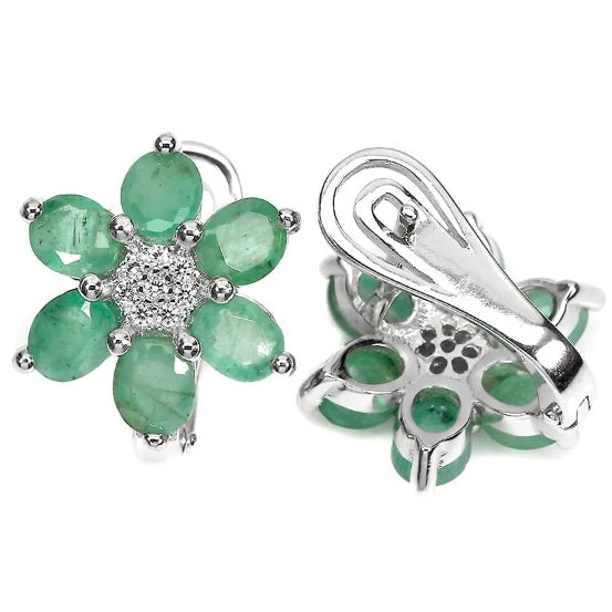 Natural Unheated Brazilian Emerald White CZ Solid .925 Sterling Silver 14k White Gold Earrings - BELLADONNA