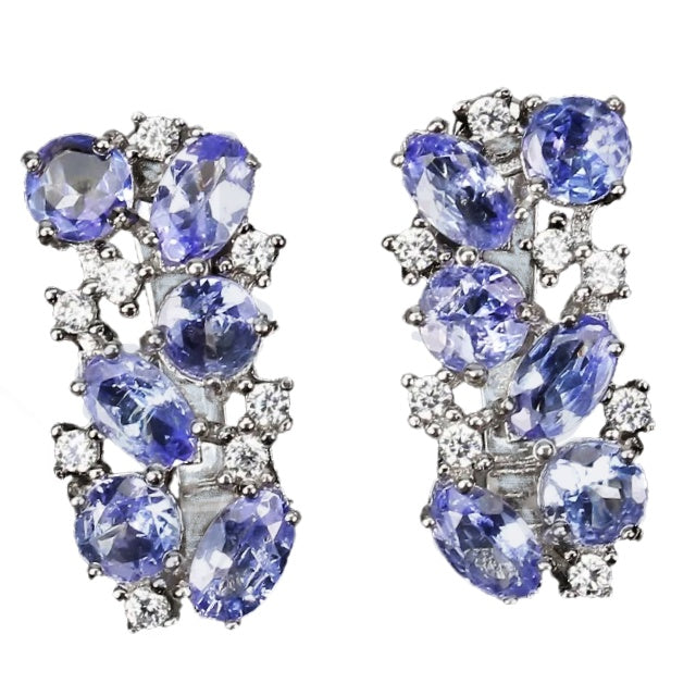 Deluxe Natural Unheated Tanzanite and White Topaz Gemstone Solid .925 Silver & White Gold Earrings - BELLADONNA