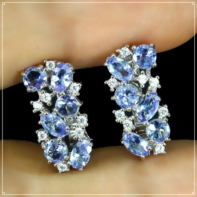 Deluxe Natural Unheated Tanzanite and White Topaz Gemstone Solid .925 Silver & White Gold Earrings - BELLADONNA