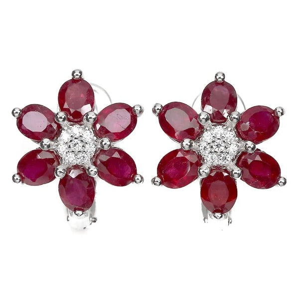 Deluxe Natural Blood Red Ruby and White CZ Gemstone Set in Solid .925 Sterling Silver Earrings - BELLADONNA