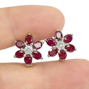 Deluxe Natural Blood Red Ruby and White CZ Gemstone Set in Solid .925 Sterling Silver Earrings - BELLADONNA