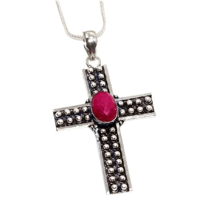 Handmade Antique Style Simulated Indian Ruby Gemstone .925 Sterling Silver Cross Pendant - BELLADONNA