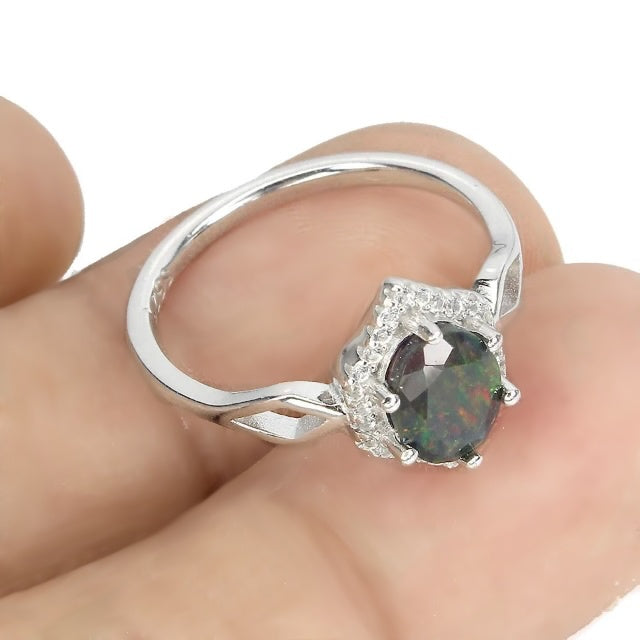 Rare Beauty Genuine Rainbow Black Fire Opal,CZ Gemstone .925 Solid Sterling Silver Ring Sz 8 - BELLADONNA