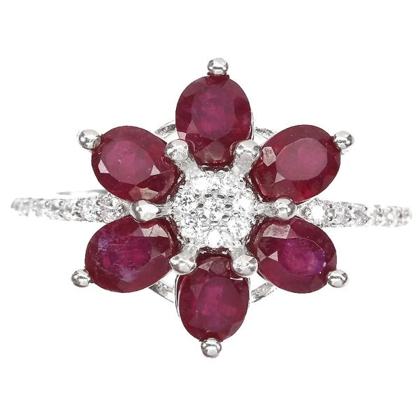 Deluxe Natural Ruby and White Cubic Zirconia Floral set in Solid .925 Sterling Silver Ring Size US 7 - BELLADONNA