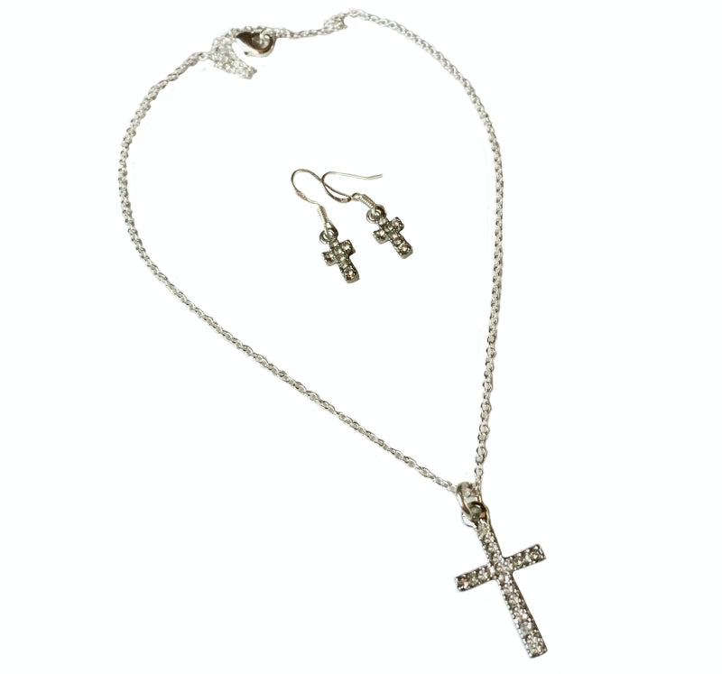 Dainty Faith Cross White Cubic Zirconia  .925 Silver Necklace and Earrings Set - BELLADONNA