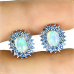 Natural Unheated Rainbow Full Flash Fire Opal and Blue Sapphire Solid .925 Silver Earrings - BELLADONNA
