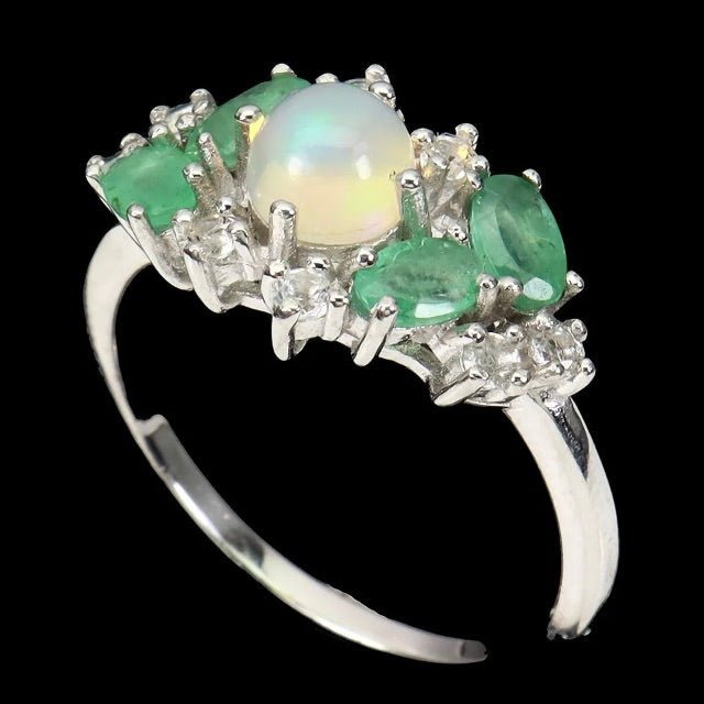 Natural Unheated Full Flash Fire Opal, Emerald, Topaz Solid .925 Silver 14K White Gold Ring Size 9 - BELLADONNA
