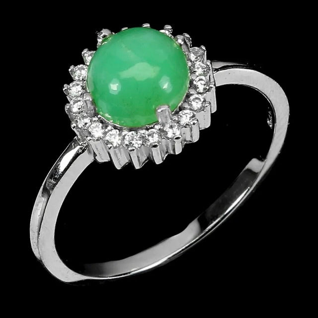 Natural Unheated Brazilian Chrysoprase and White CZ Gemstone Solid. 925 Silver Ring Size 8.5 - BELLADONNA