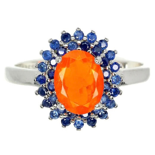 Rare Ethiopian Top Rich Orange Opal & 36 Blue Sapphires in Solid .925 Sterling Silver Ring Size 7/O - BELLADONNA
