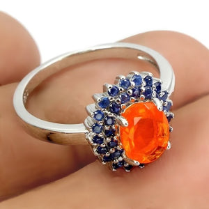Rare Ethiopian Top Rich Orange Opal & 36 Blue Sapphires in Solid .925 Sterling Silver Ring Size 7/O - BELLADONNA