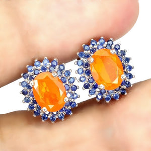 Rare Ethiopian Top Rich Orange Opal & 72 Blue Sapphires in Solid .925 Sterling Silver Stud Earrings - BELLADONNA