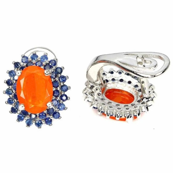 Rare Ethiopian Top Rich Orange Opal & 72 Blue Sapphires in Solid .925 Sterling Silver Stud Earrings - BELLADONNA