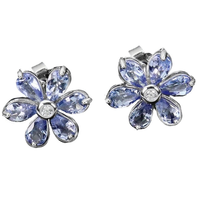 Rare Natural Unheated Tanzanite and AAA White CZ in Solid .925 Silver Stud Earrings - BELLADONNA