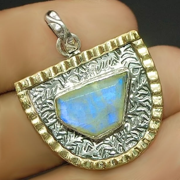 Two Tone Natural  Blue Schiller Rainbow Moonstone Solid .925 Sterling Silver Pendant - BELLADONNA
