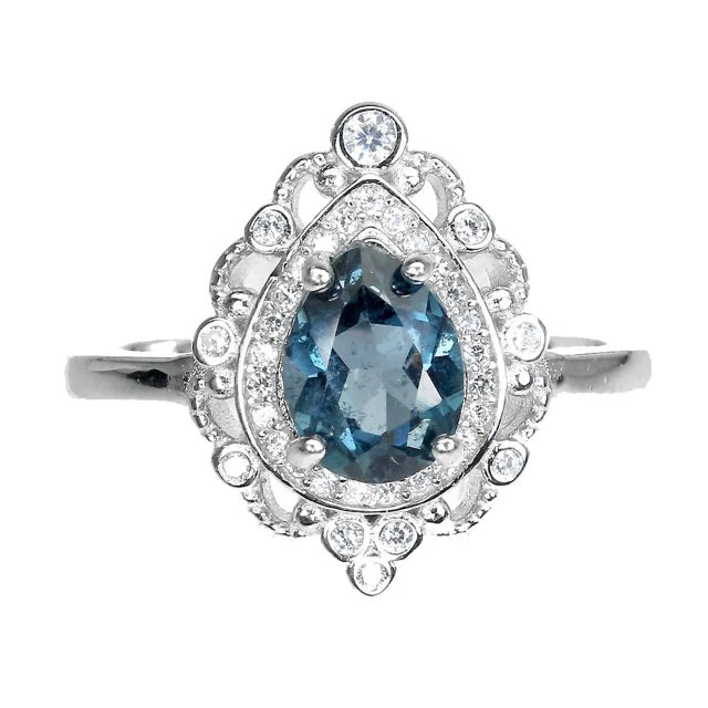 Natural London Blue Topaz White Cz Solid .925 Sterling Silver Ring Size 8 or Q - BELLADONNA