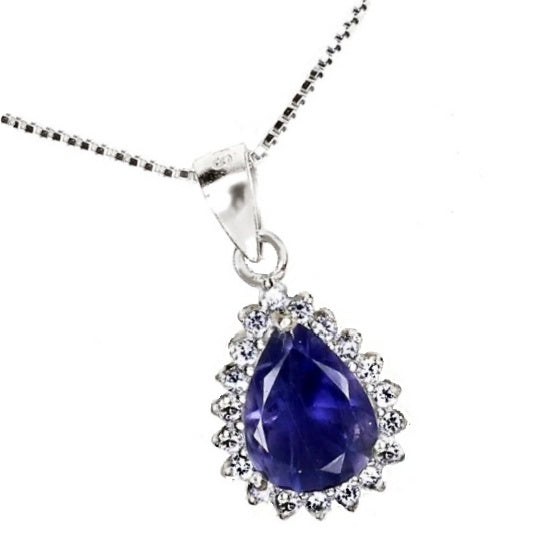 Natural Unheated Iolite and AAA White Cubic Zirconia Gemstone Solid .925 Silver Necklace - BELLADONNA